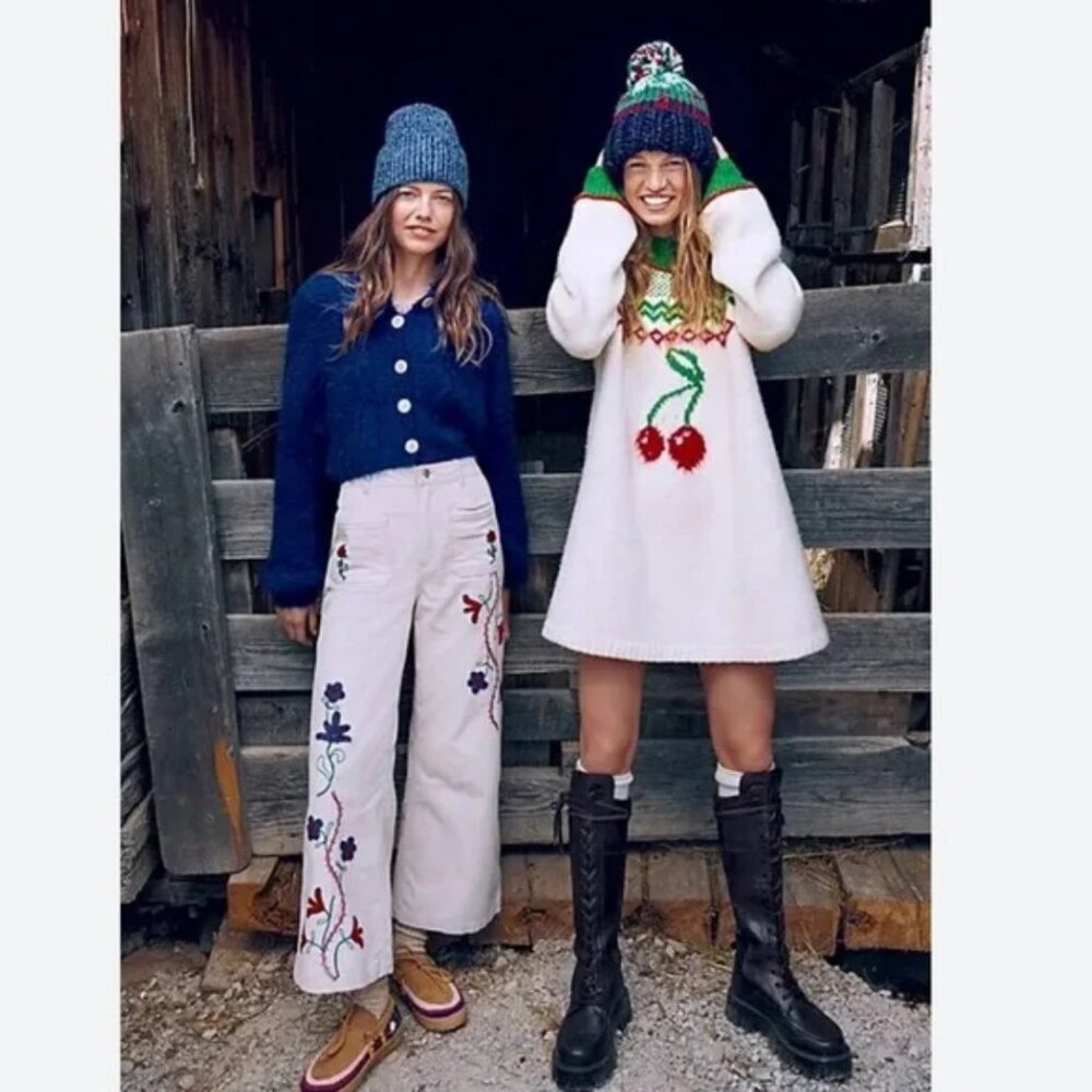 NWOT Free People Cherry Heart Sweater Dress Ivory Green Red Fair Isle